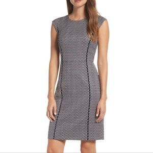 J Crew Navy Blue Red Matelasse Textured Cap Sleeve Crew Neck Sheath Dress